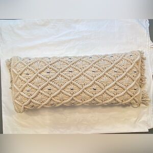 Macrame Lumbar‎ Pillow, 27” x 12”, natural color with blue detail